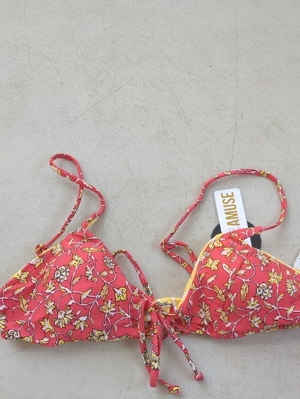 Amuse Society Coral & Yellow Floral Tie-Front Bikini Top